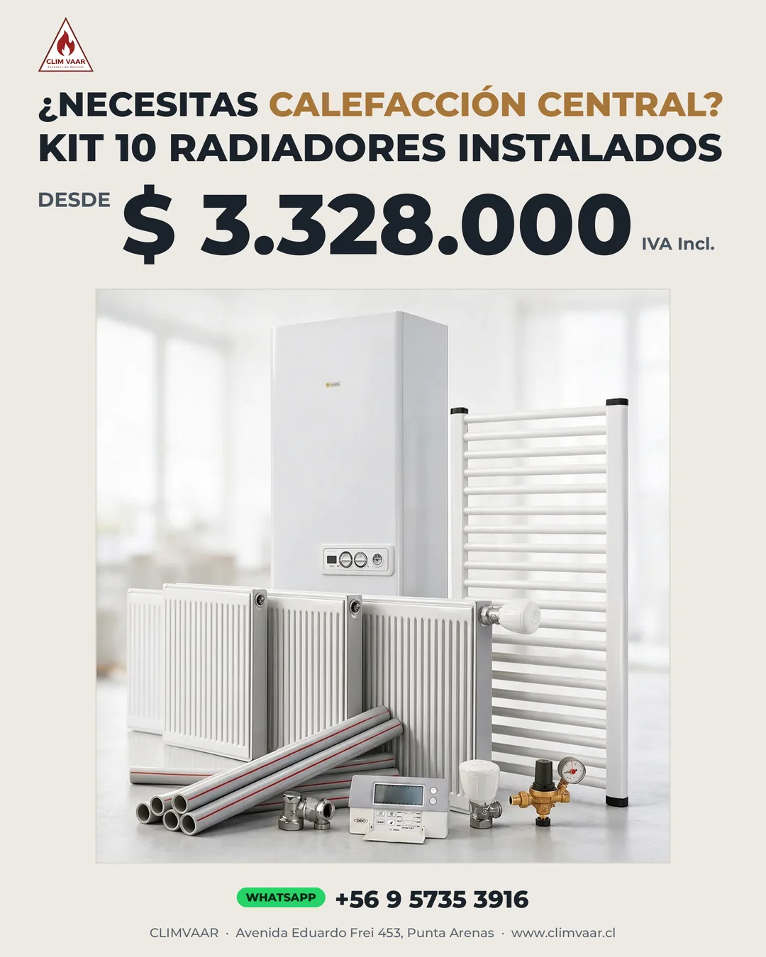 Kit 10 Radiadores Instalados Calefacción Central CLIM VAAR Punta Arenas