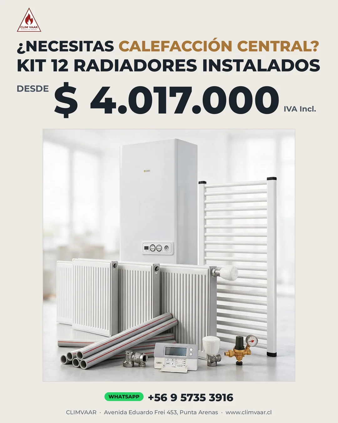 Kit 12 Radiadores Instalados Calefacción Central CLIM VAAR Punta Arenas