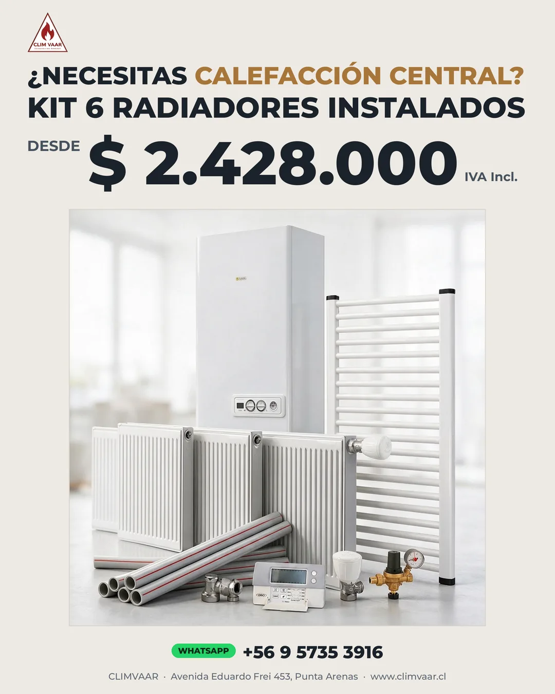 Kit 6 Radiadores Instalados Calefacción Central CLIM VAAR Punta Arenas