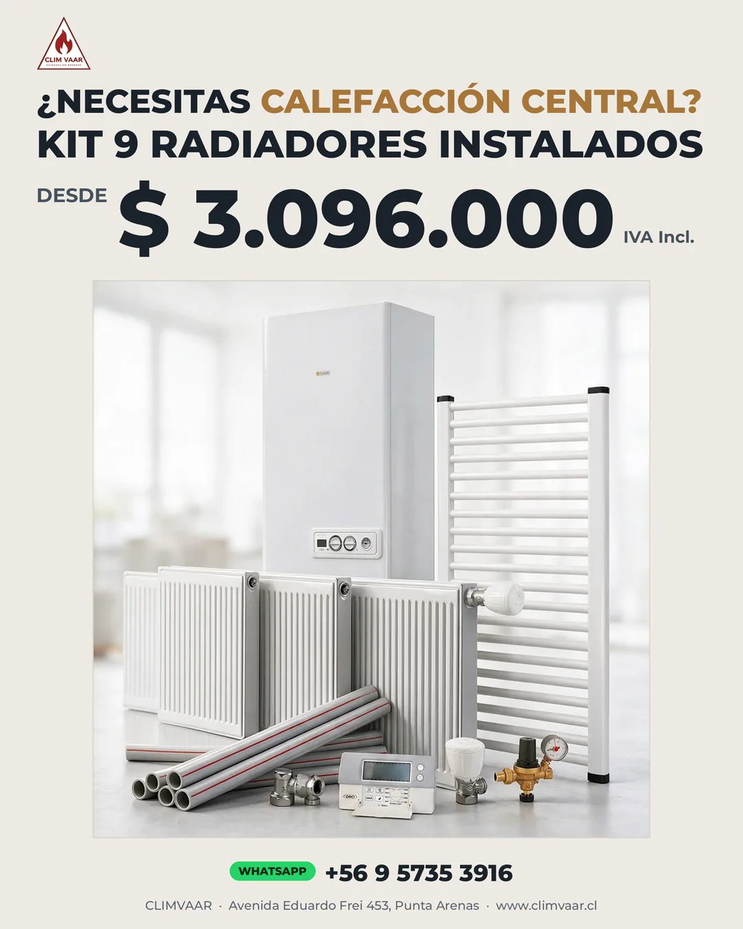 Kit 9 Radiadores Instalados Calefacción Central CLIM VAAR Punta Arenas